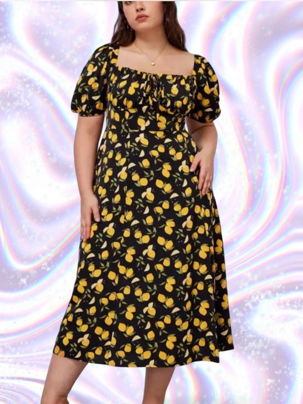 Cider Black Midi Dress with Yellow Lemon Motif